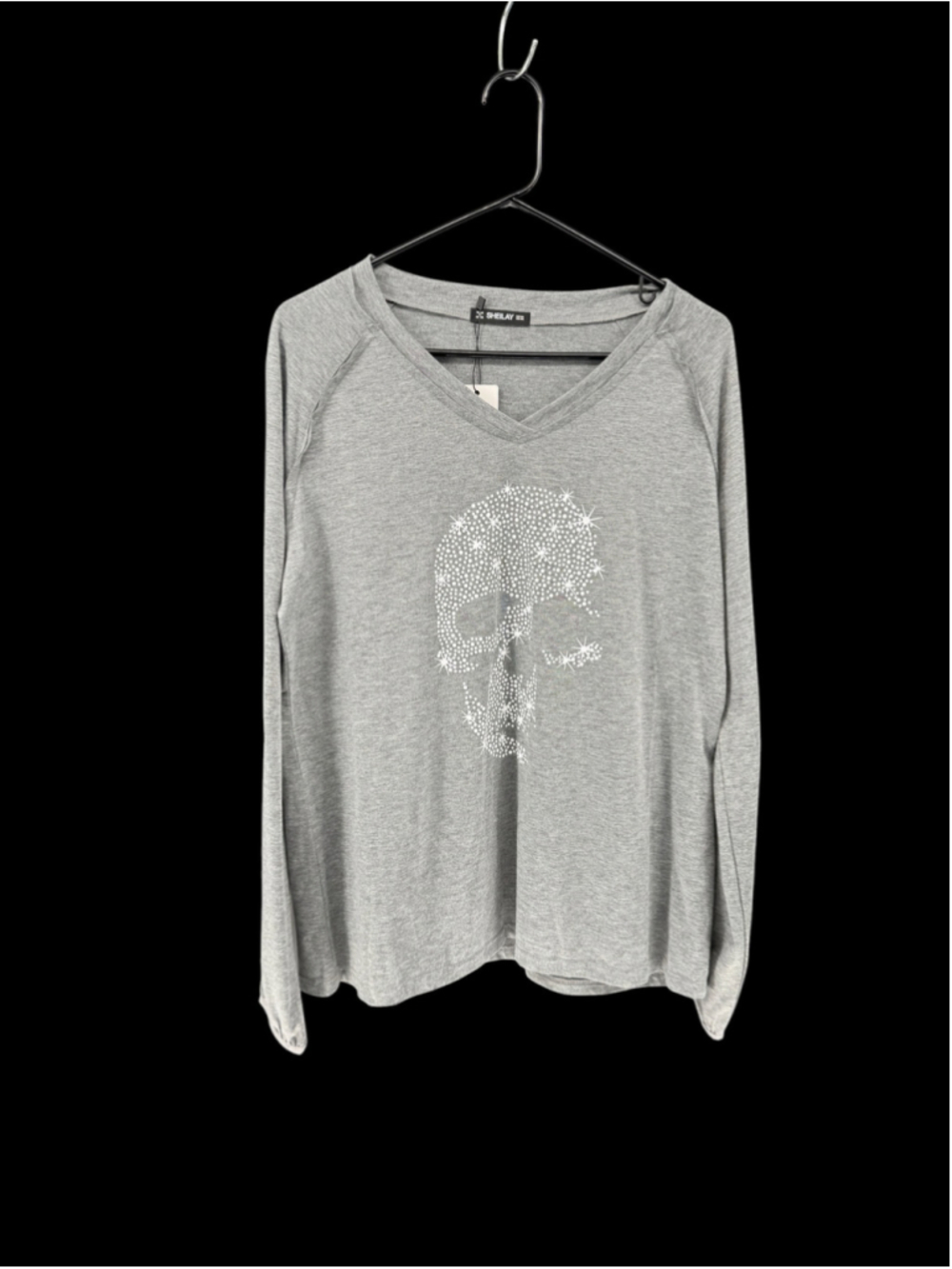 Women's Sheilay Long Sleeve V-Neck Skull Tee Grey XXL